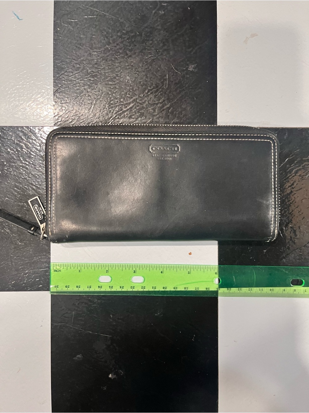 Coach Black Leather Zip Wallet with Contrast Stitching